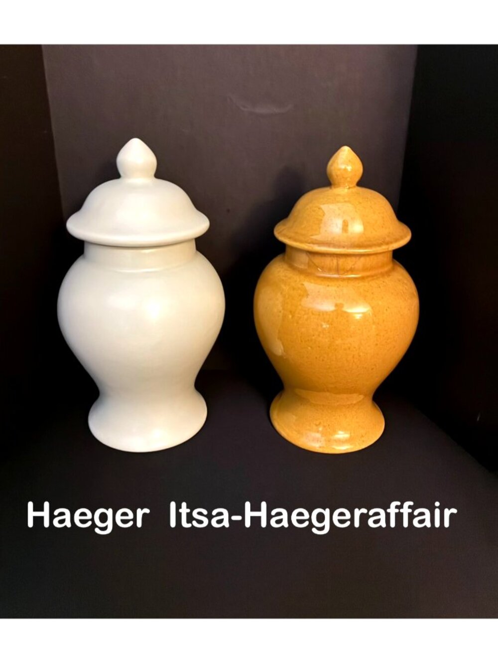 Haeger Pottery, 2 Ginger Jars, 6-inches, Mustard, Ecru, stamped, crack, Urn,vase